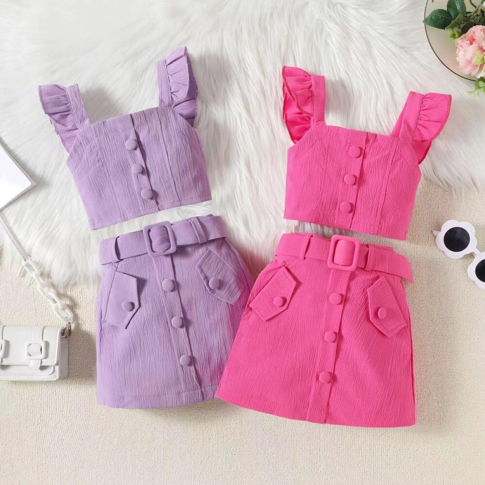 Ruffle Sleeveless Tank Tops And Belted Skirt