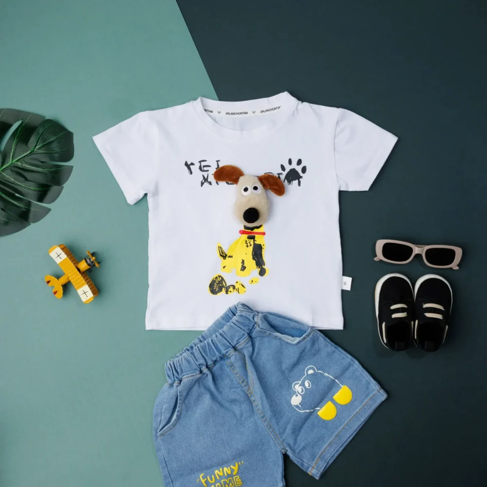 Bear Print Button Style T-shirt with Denim Shorts