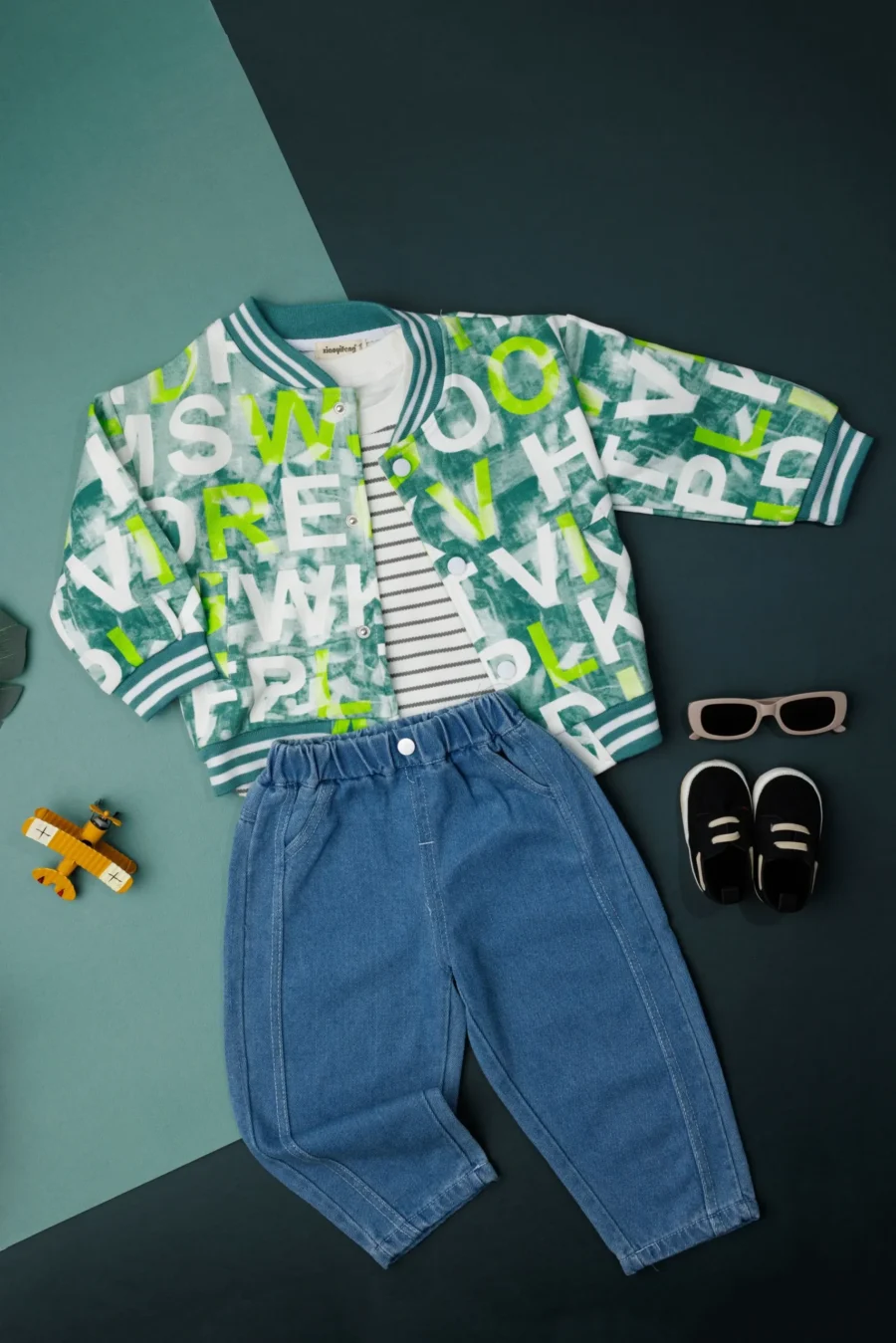 Text Print Jacket,  Inside Striped T-Shirt And Jeans Set - Image 7