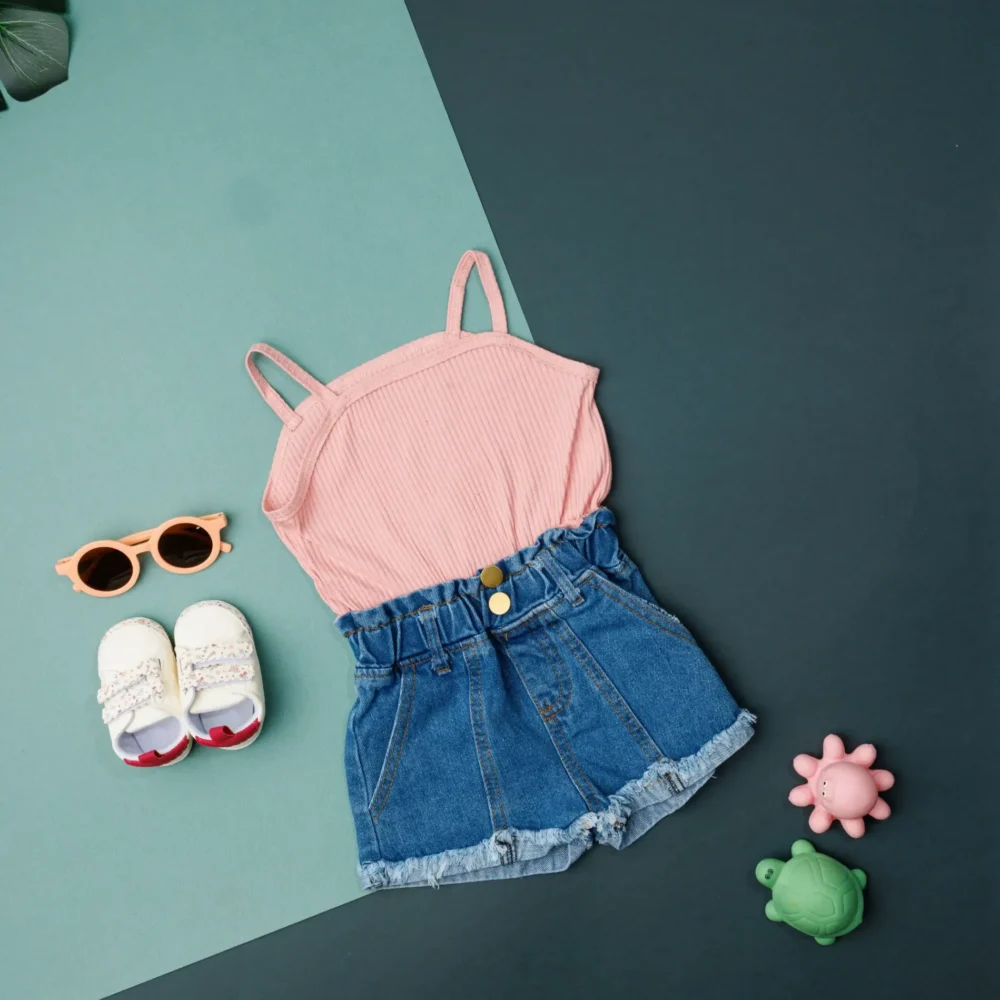 Sleeveless Ruffled Top With Denim Shorts