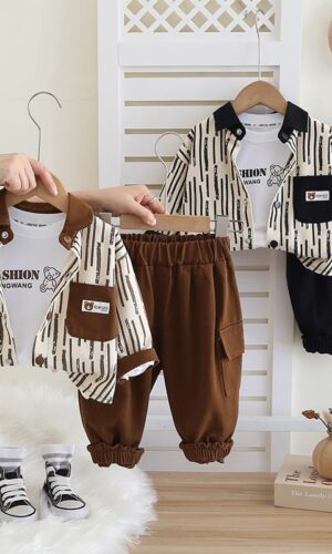 Boys Striped Jacket With T-Shirt & Trousers Set