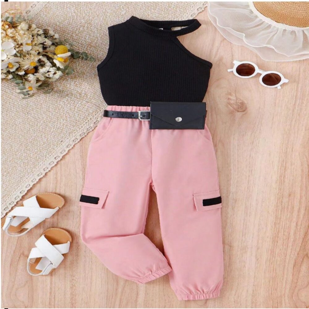 One Shoulder Rib Crop Top & Cargo Balloon Pant With Belt & Wallet