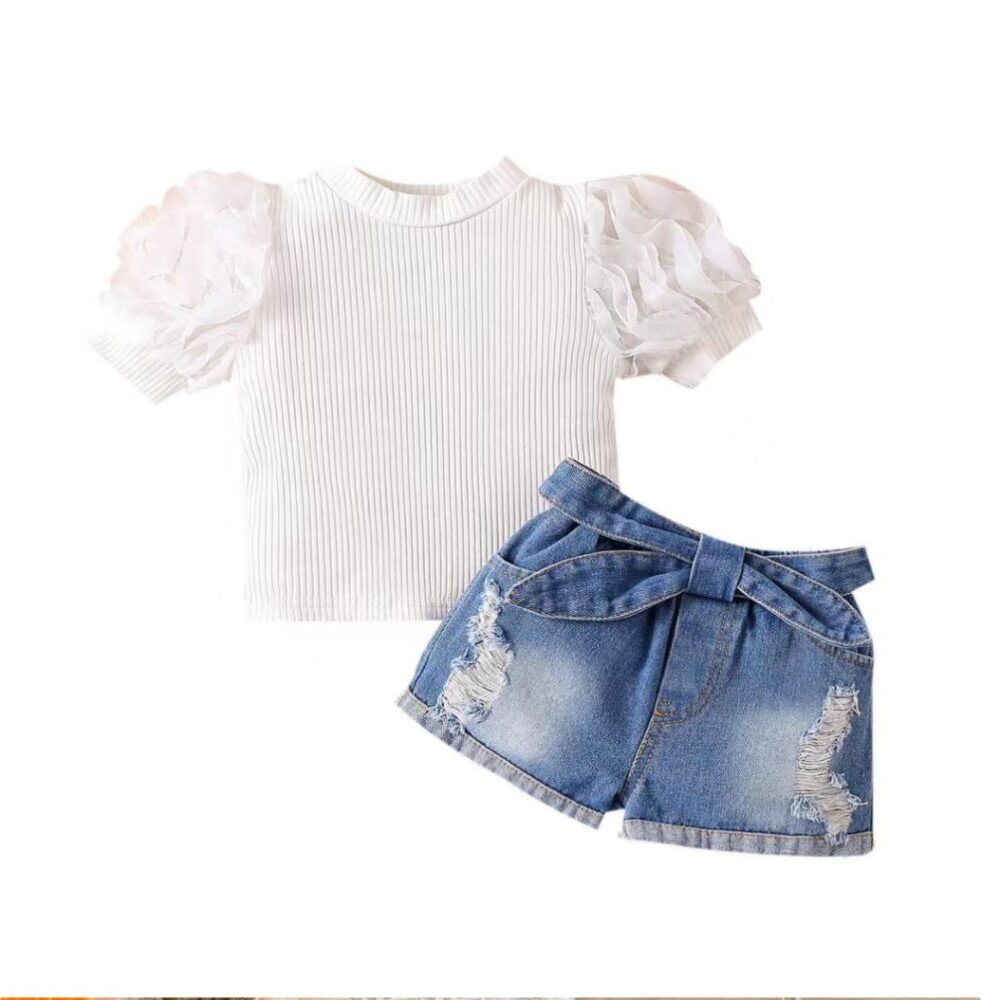 puffy Sleeve Top With Denim Short
