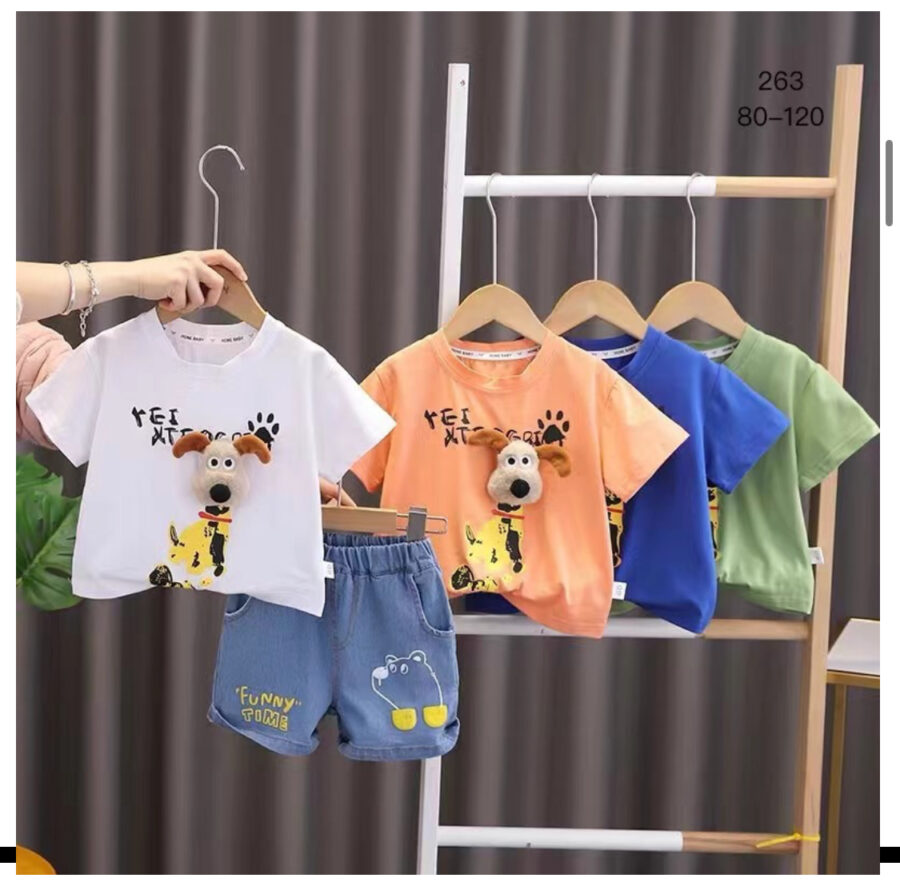Bear Print Button Style T-shirt with Denim Shorts - Image 9