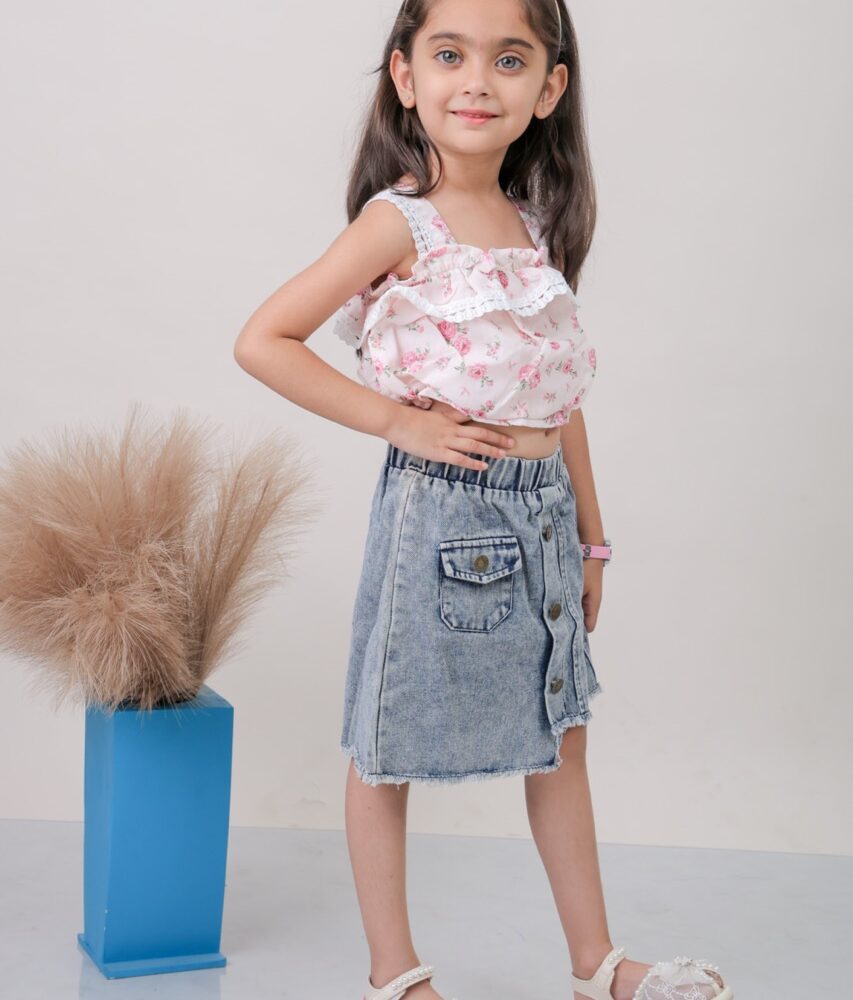 Printed Top With Denim Skirt