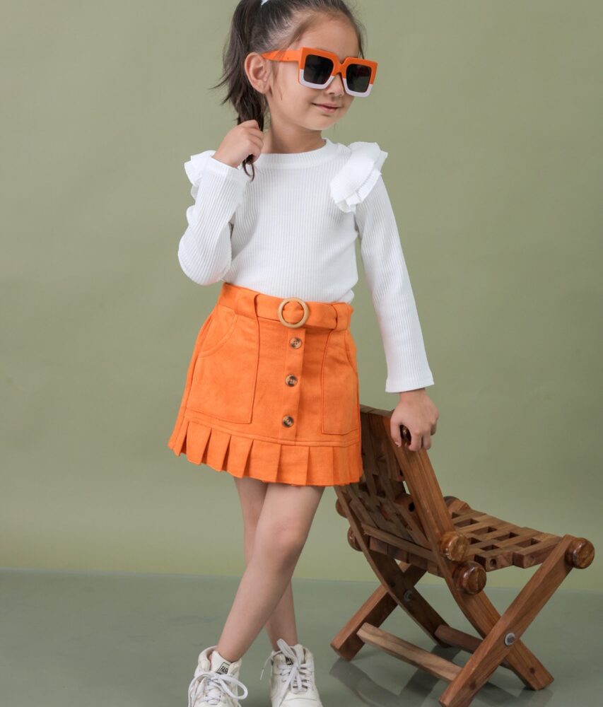 Long Sleeve O Neck Pullover Belt Pleated Skirt 2Pcs