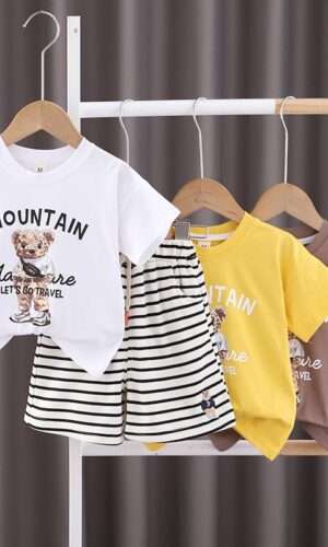 Teddy Bear Design T-Shirt And Striped Shorts
